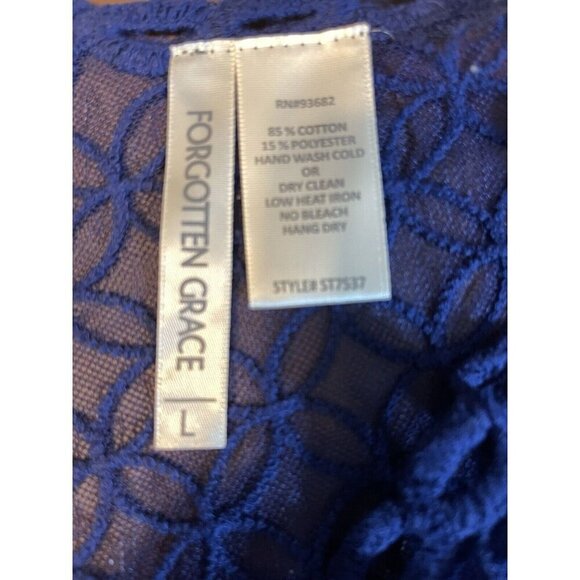 Forgotten Grace L Navy Blue Sheer Mesh Floral Crochet Scoop Neckline Tank Top - Picture 6 of 6